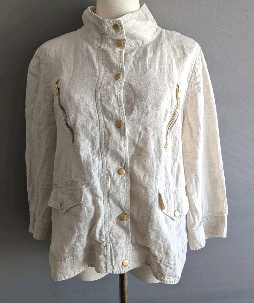 Chico’s Jacket Beige Ivory Utility Gold Snaps 100% Linen Short Lightweight Sz 1